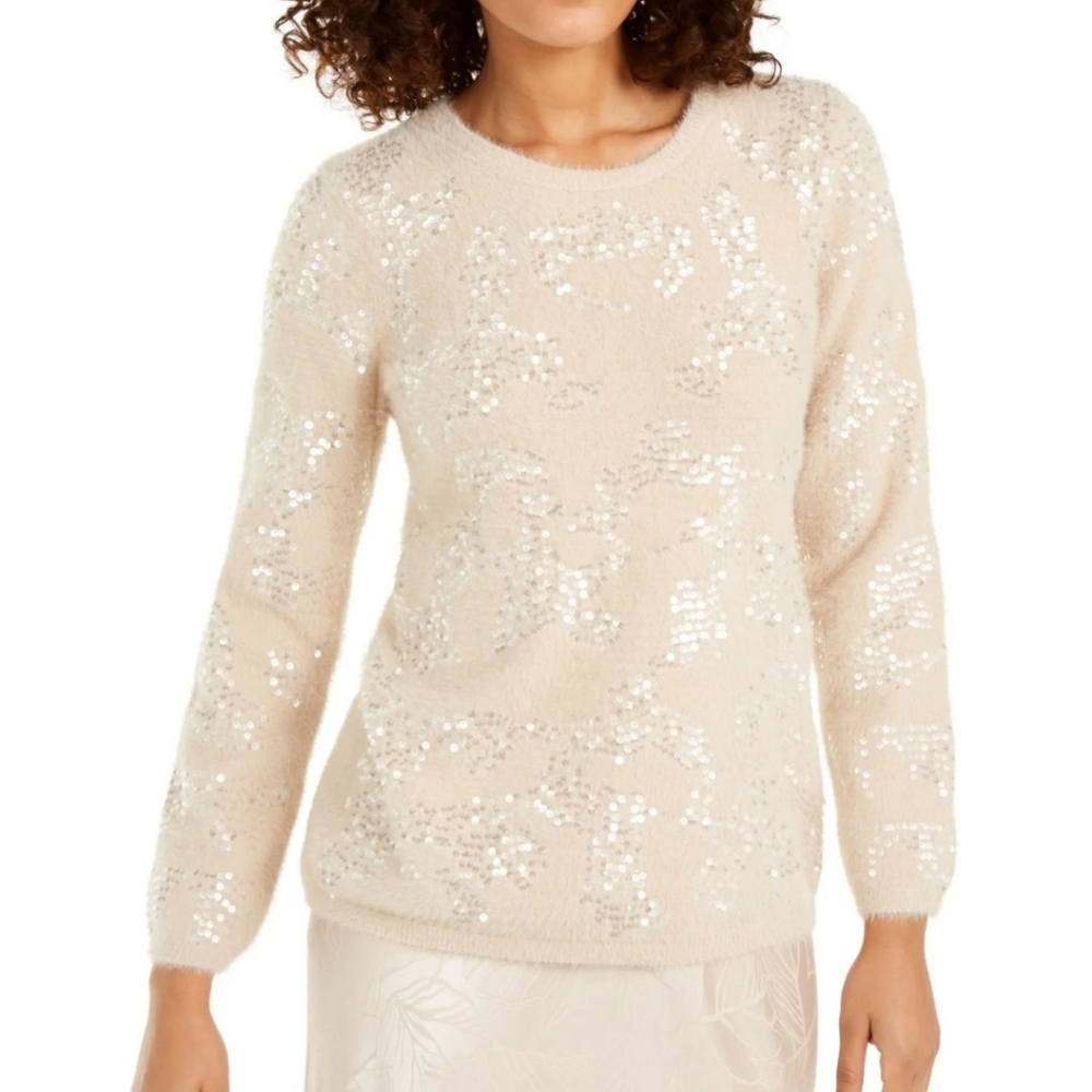 ALFANI Womens Beige Sequined Printed Long Sleeve Soft Sweater XL